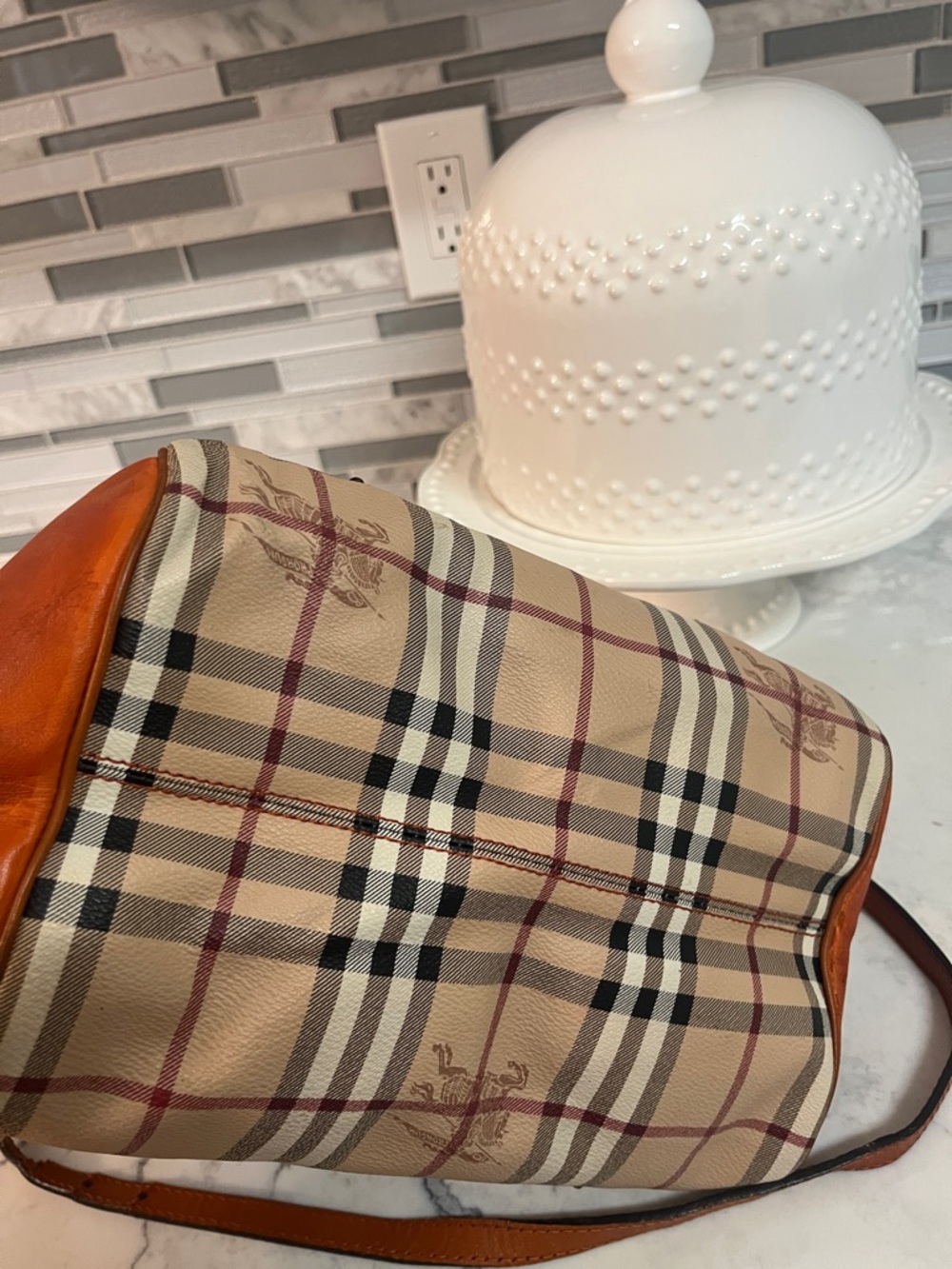 Burberry Orange, Tan & Beige Check Satchel - Picture 8 of 16